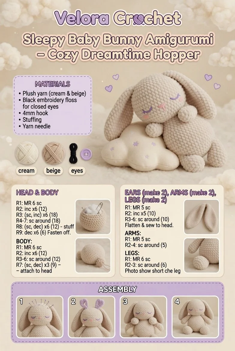 Sleepy Baby Bunny Amigurumi doll for cozy cuddles and playful dreams.