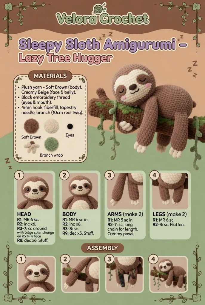 Sleepy Sloth Amigurumi plush toy, the perfect lazy tree hugger for cozy decor.