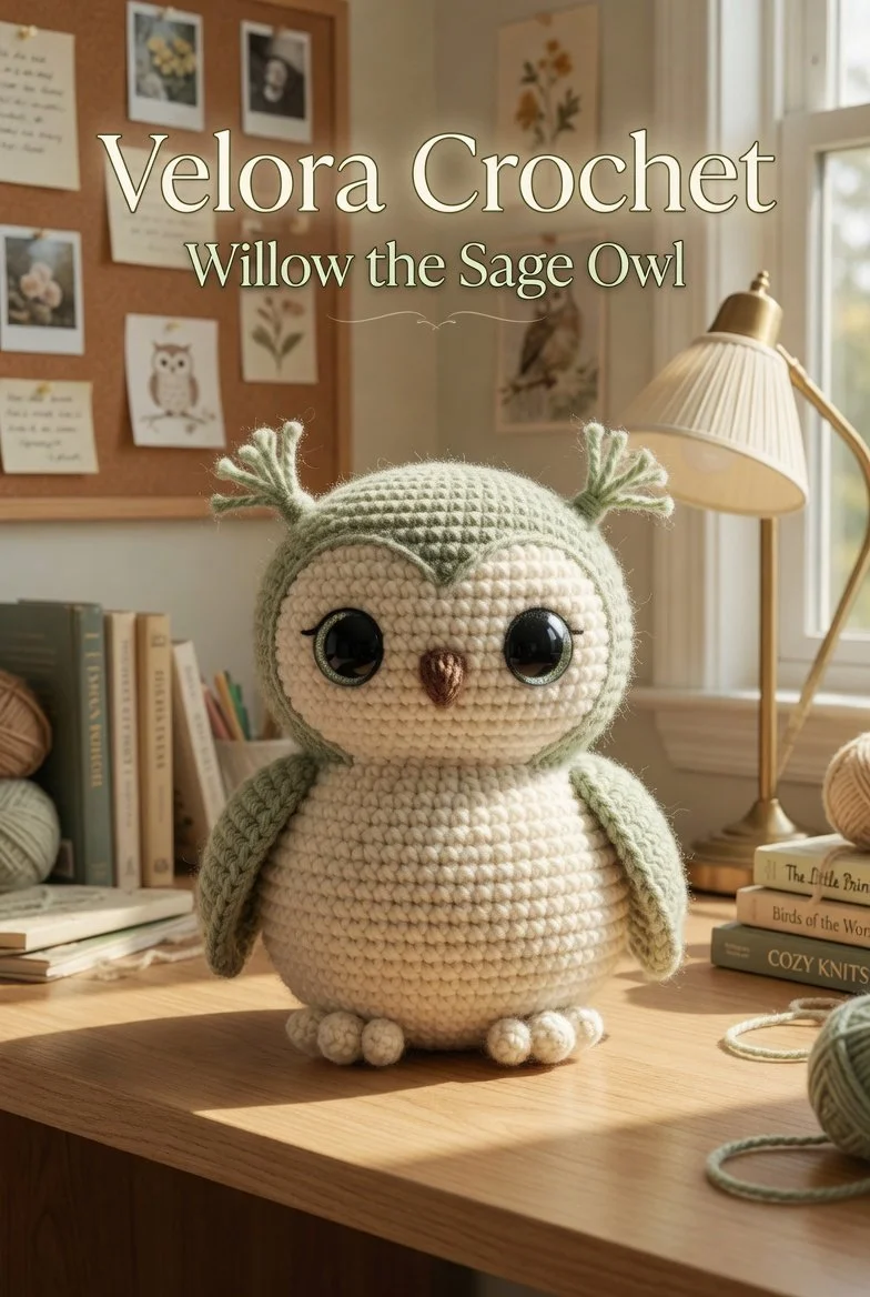 Small amigurumi crochet owl in soft green and cream with brown beak and black eyes.
