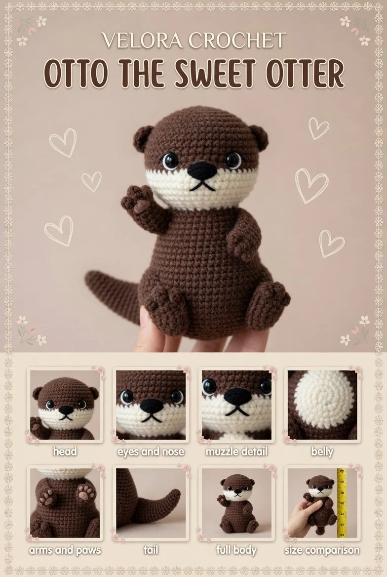 Small amigurumi otter crochet pattern with plush chenille yarn in brown and beige.