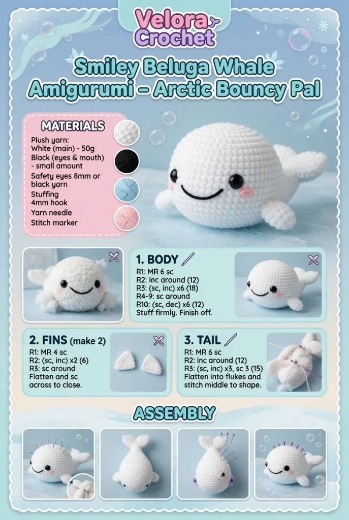 Smiley Beluga Whale Amigurumi plush toy for Arctic-themed decor