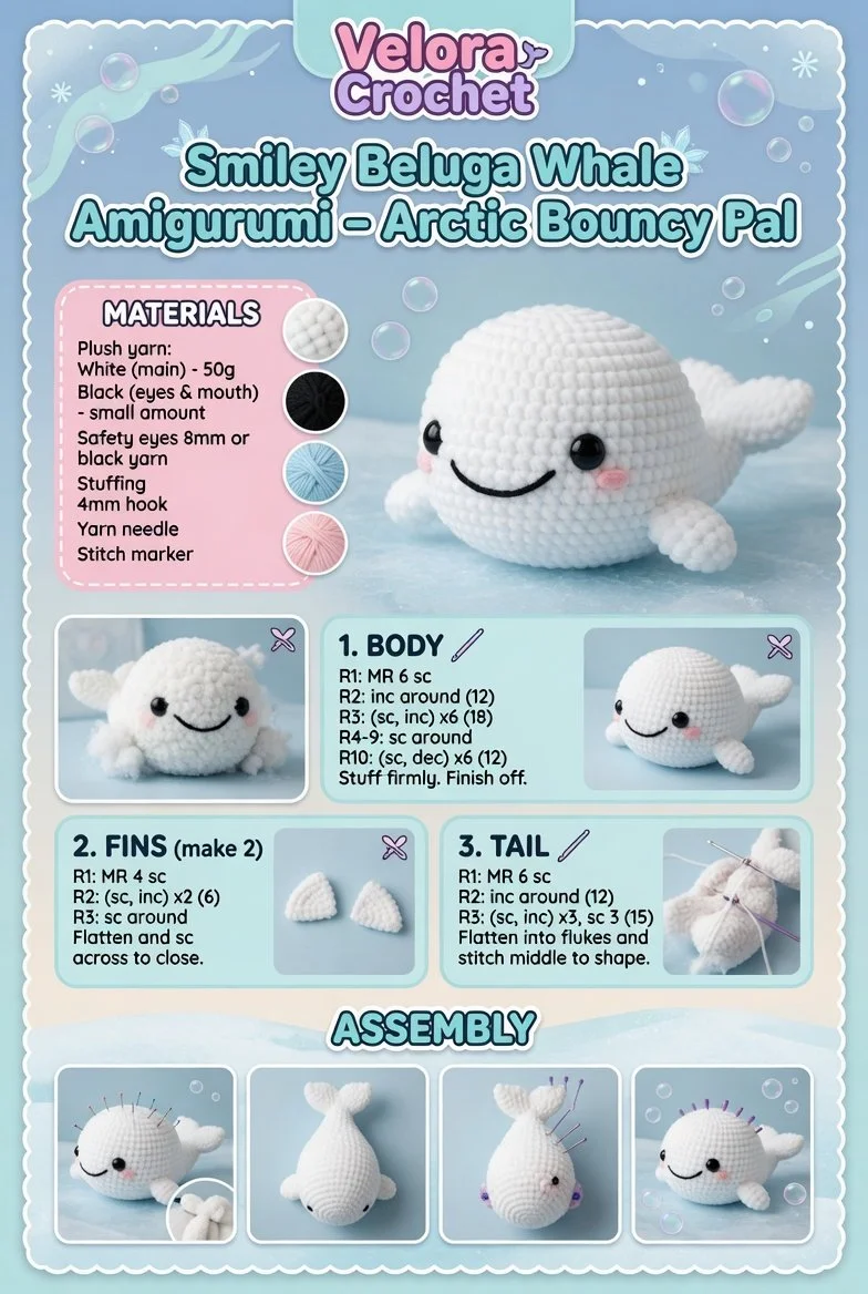 Smiley Beluga Whale Amigurumi plush toy for Arctic-themed decor