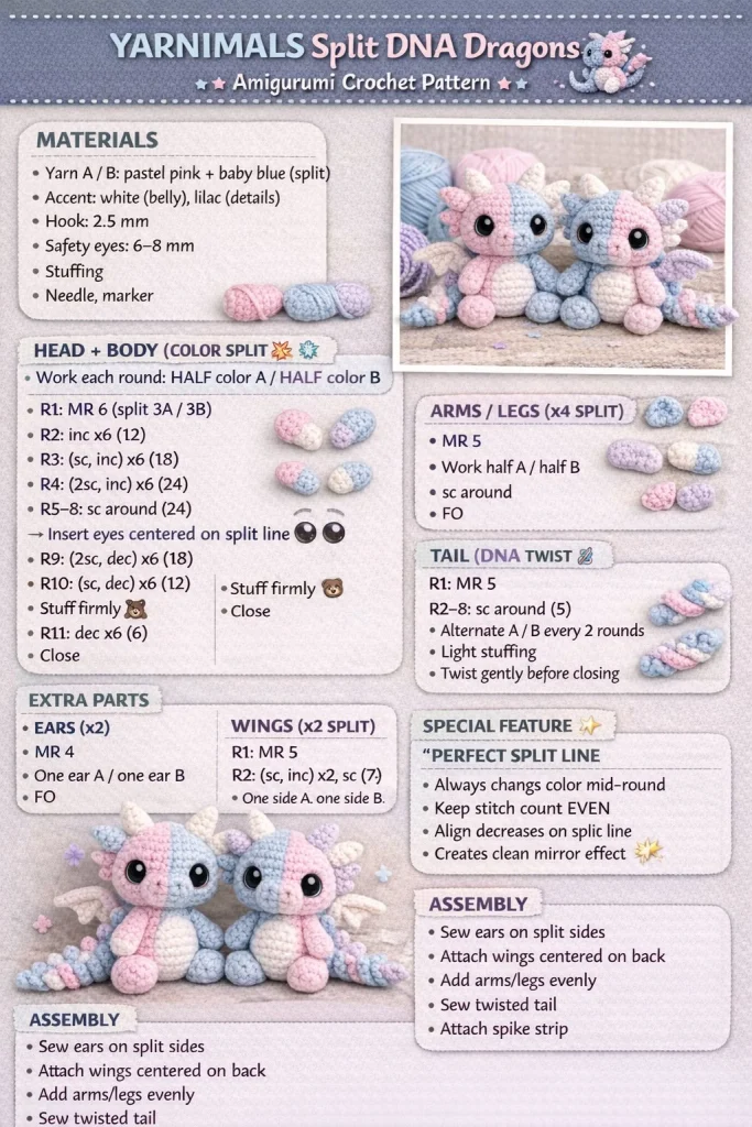 Split DNA Dragons amigurumi crochet pattern for beginners in two-tone design