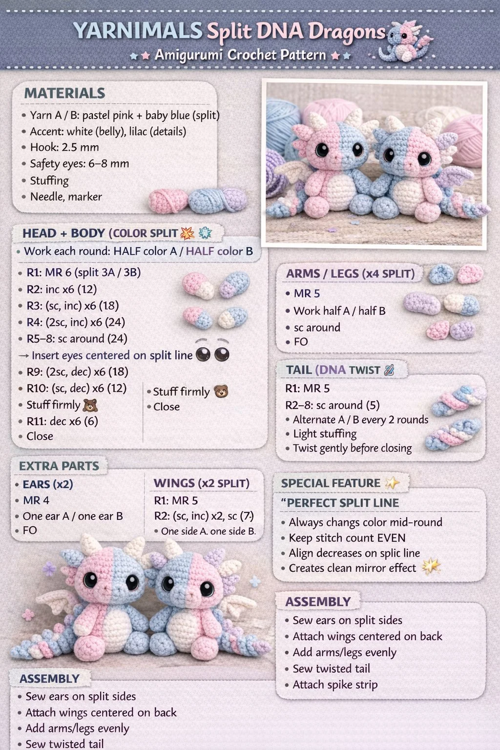 Split DNA Dragons amigurumi crochet pattern for beginners in two-tone design
