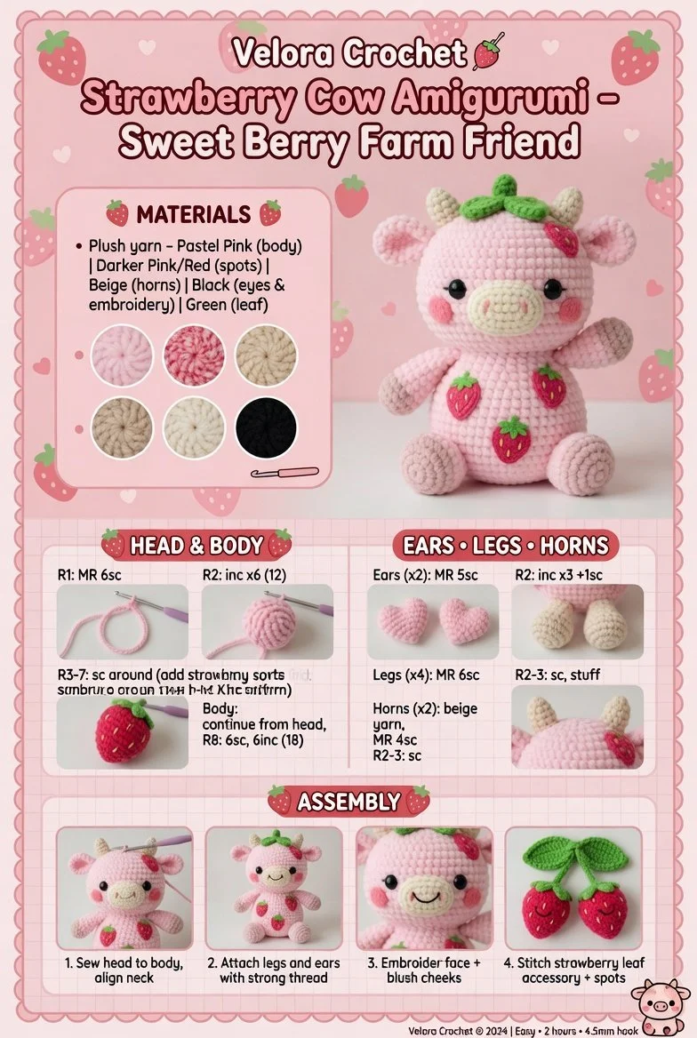 Adorable strawberry cow amigurumi plush toy for kids and collectors