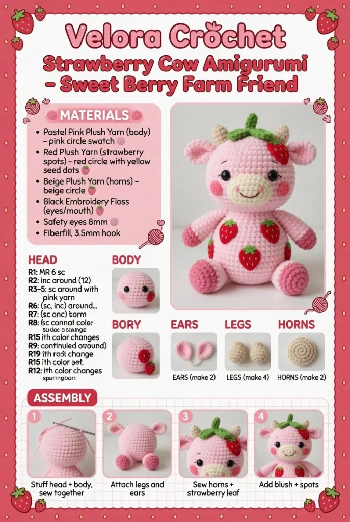 Handcrafted Strawberry Cow Amigurumi, a cute plush toy for berry lovers.