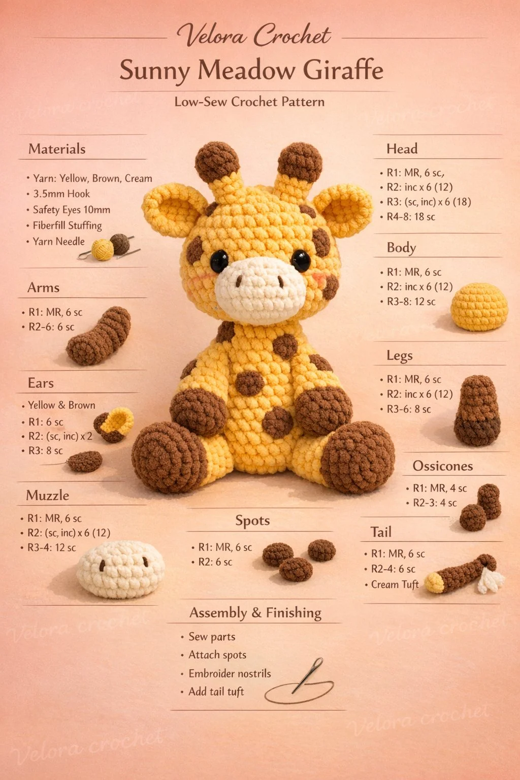 Crochet giraffe amigurumi in sunny meadow design pattern