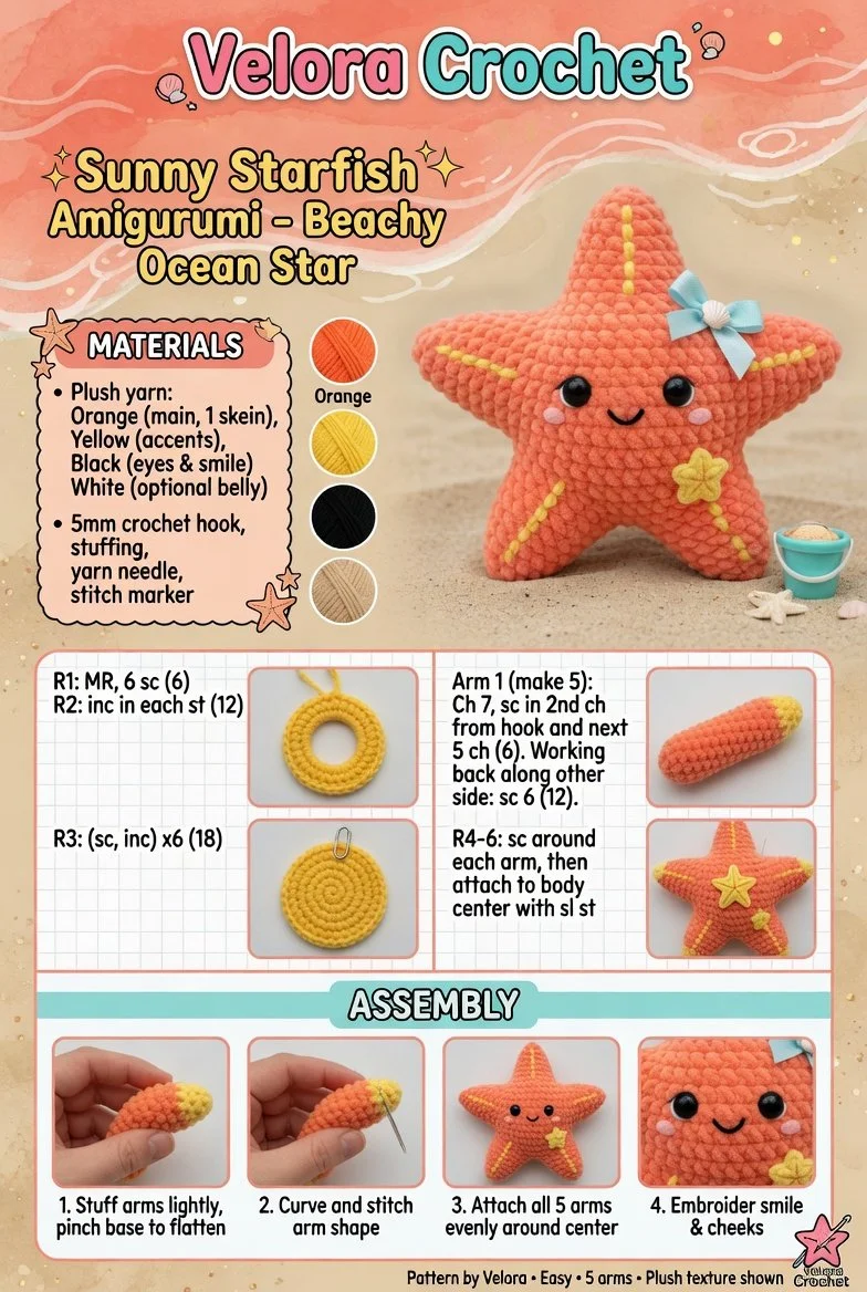 Sunny Starfish Amigurumi figure in a beachy ocean setting.
