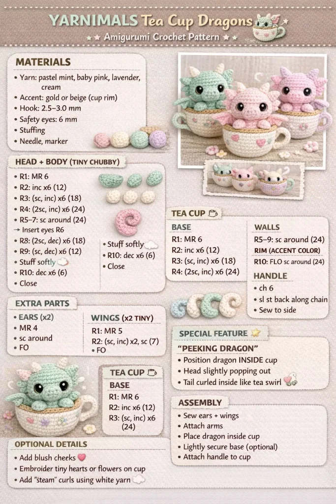 Tea Cup Dragon amigurumi crochet pattern for beginners