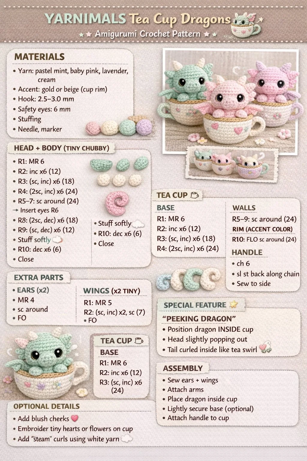 Tea Cup Dragon amigurumi crochet pattern for beginners