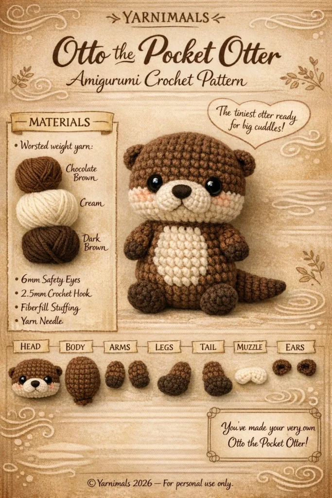 Amigurumi crochet pattern for a plush pocket-sized otter toy in rusty brown and creamy white.