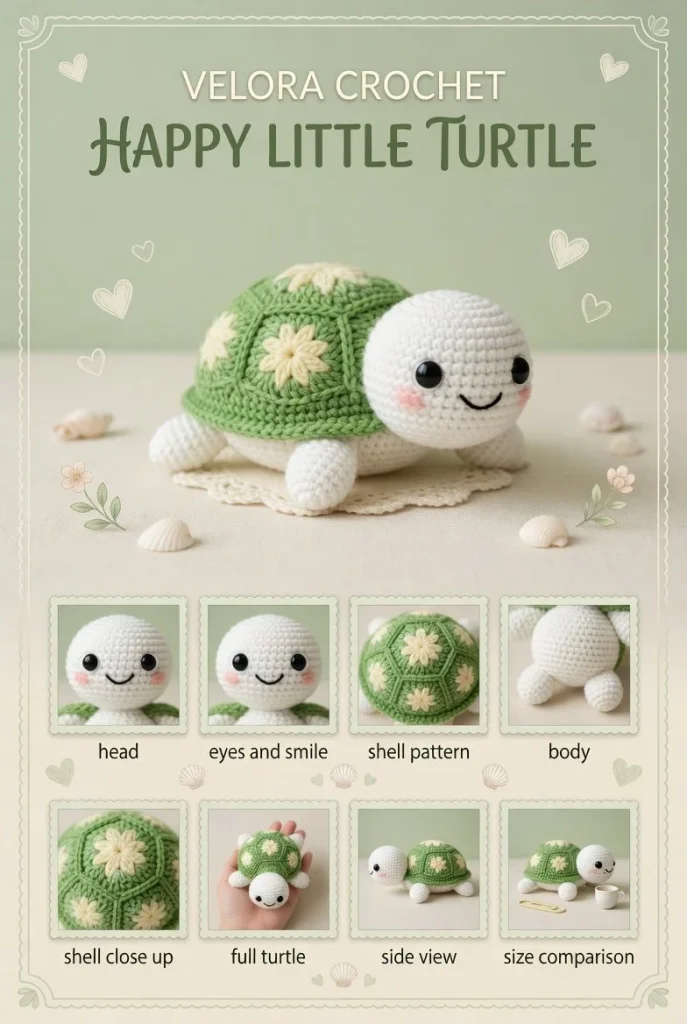 Handmade crochet amigurumi turtle with green shell and black eyes, perfect for toys.