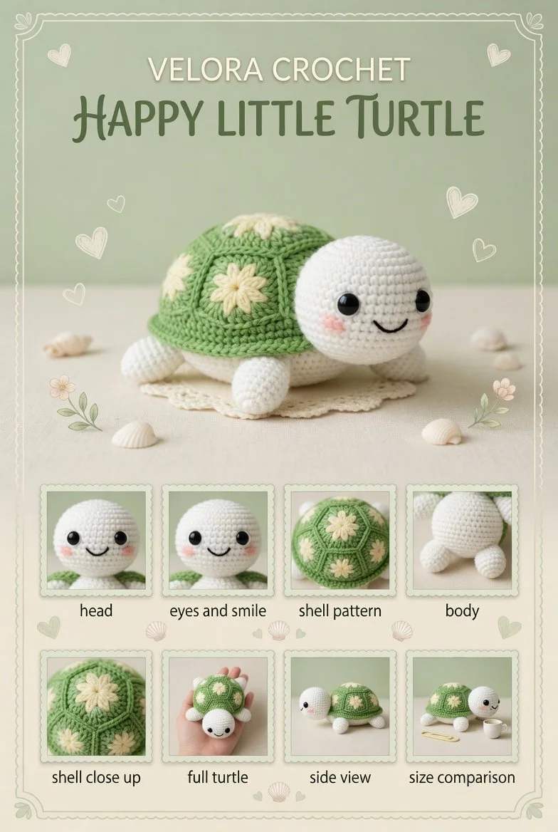 Handmade crochet amigurumi turtle with green shell and black eyes, perfect for toys.