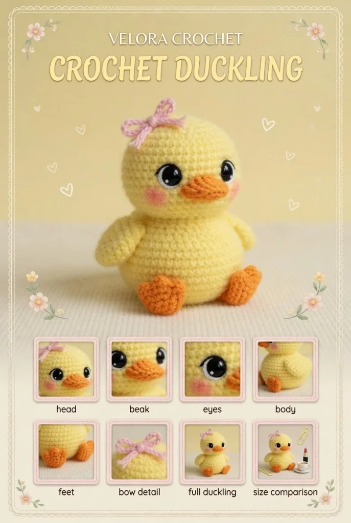 Pastel yellow crochet amigurumi duck with pink accents and black safety eyes.