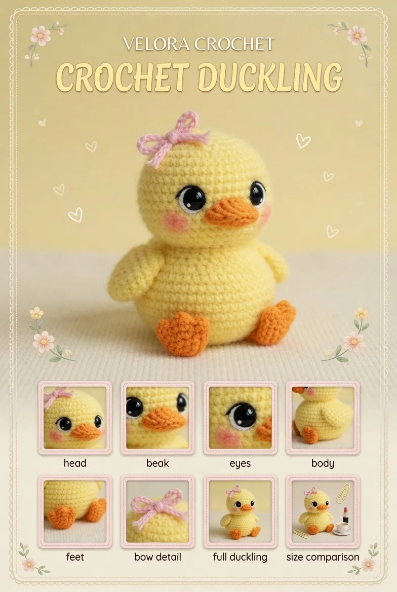 Pastel yellow crochet amigurumi duck with pink accents and black safety eyes.