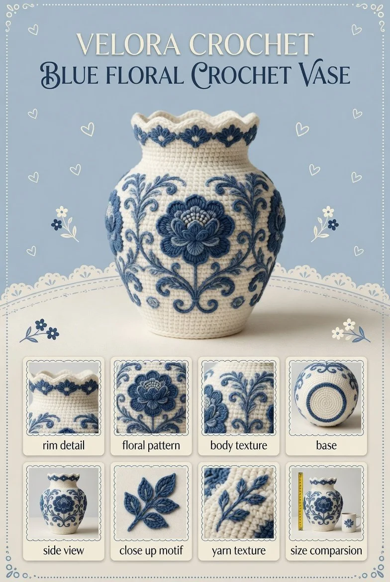 Crochet decorative vase with navy floral motifs on creamy background