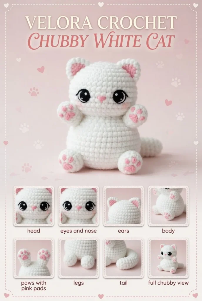 Chubby cat amigurumi crocheted in white yarn with pink details and black eyes.