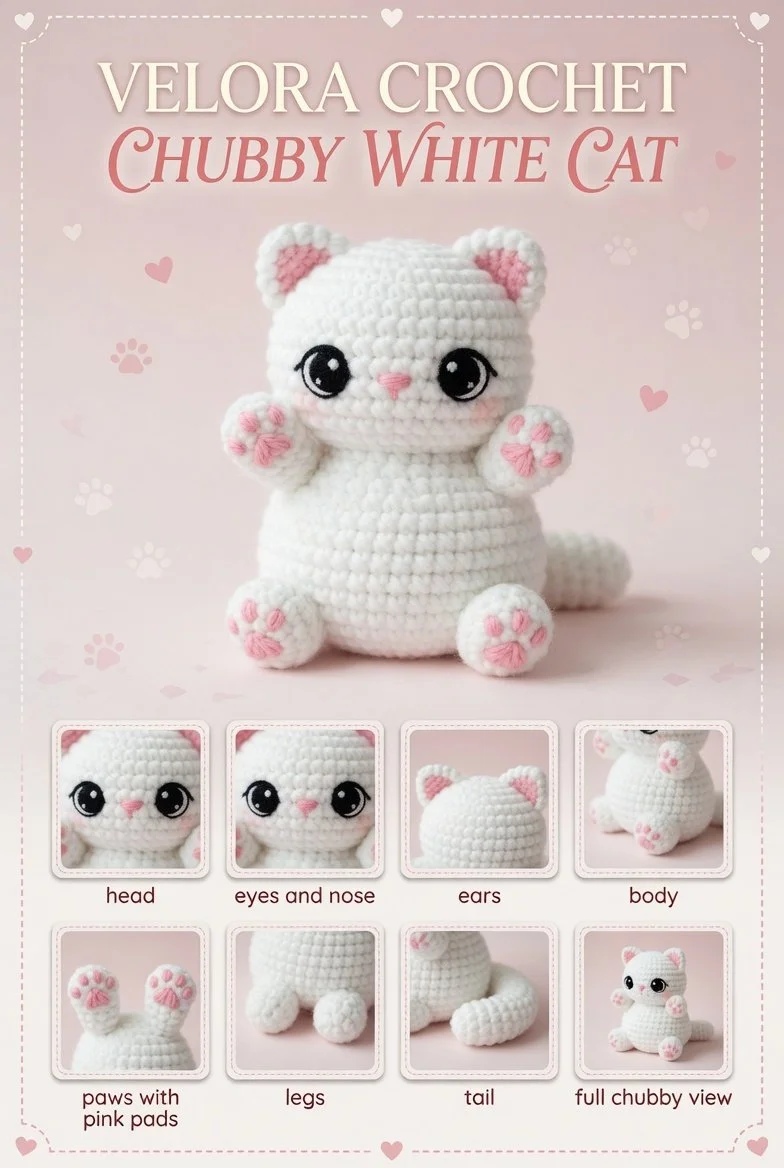 Chubby cat amigurumi crocheted in white yarn with pink details and black eyes.