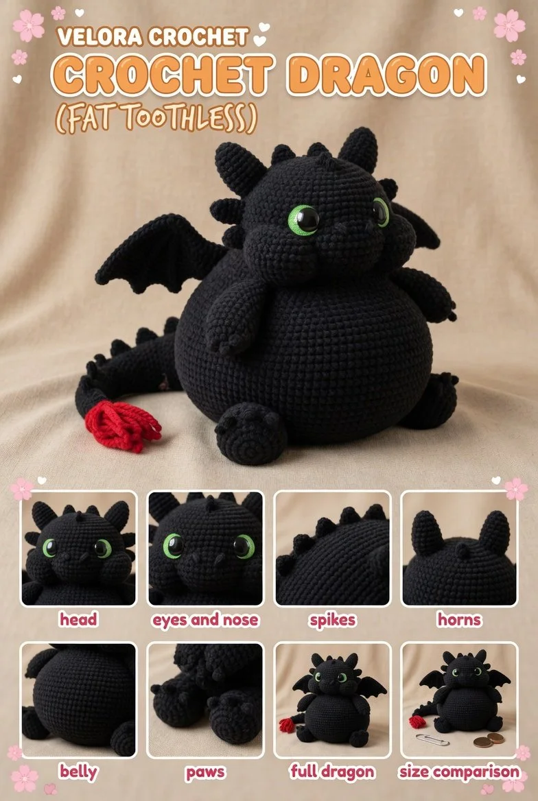 Amigurumi Toothless crochet pattern featuring detailed dragon design and vibrant colors.