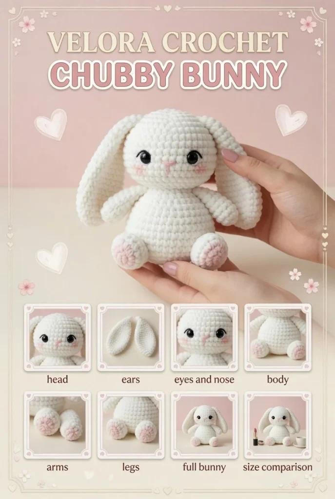 Crocheted amigurumi bunny doll made from plush, bulky yarn in off-white with pink details.