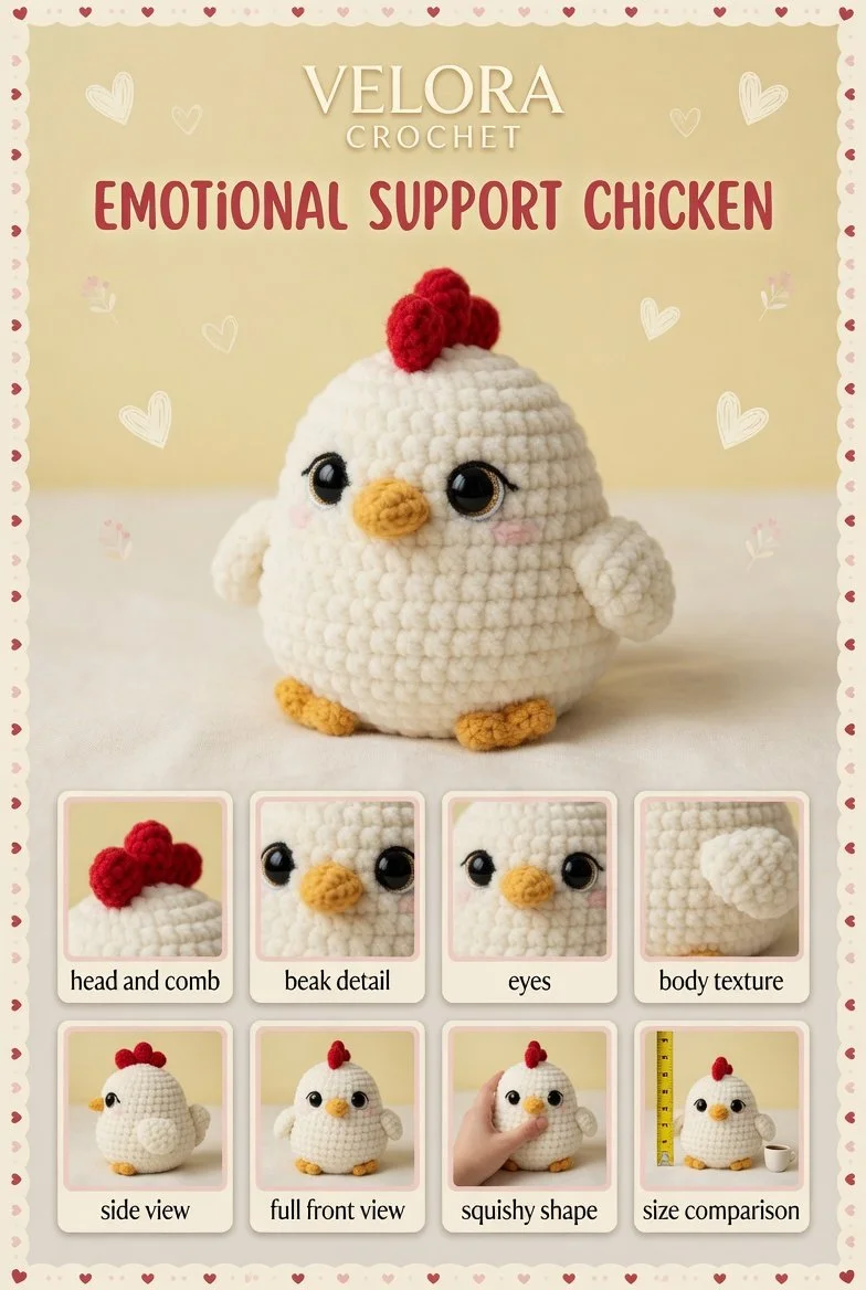 Crochet amigurumi chicken plush in creamy white with red comb and orange beak.