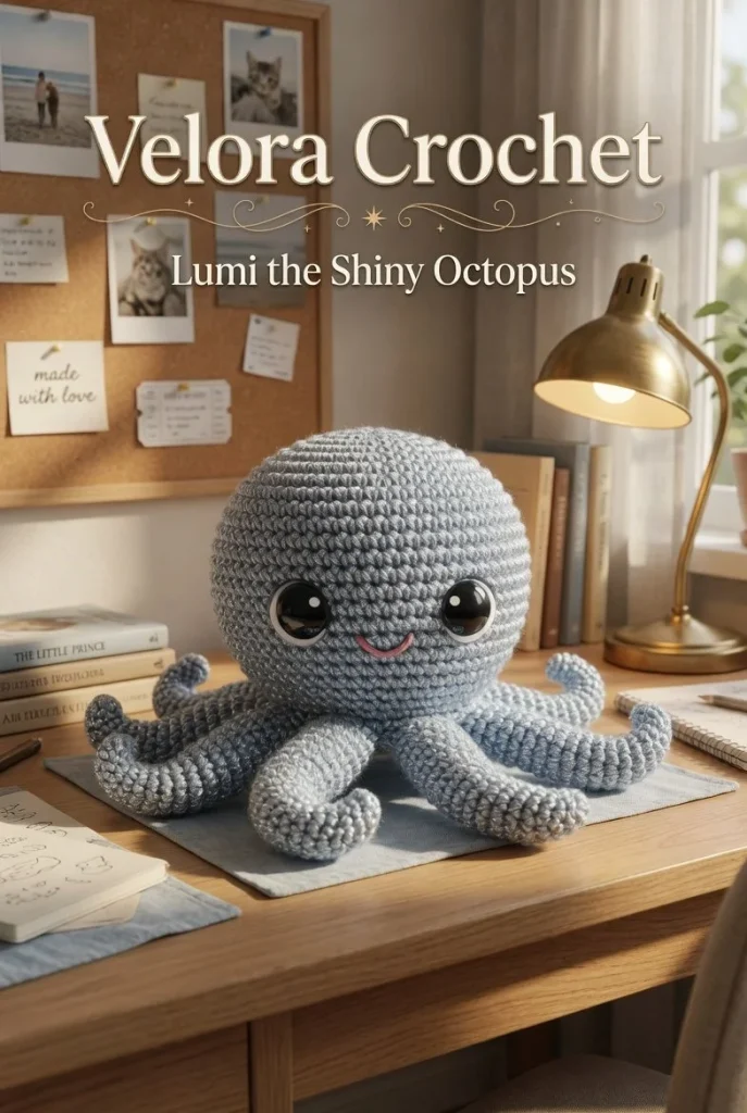 Crocheted amigurumi jellyfish named Shiny in grayish-blue yarn with spiral tentacles.