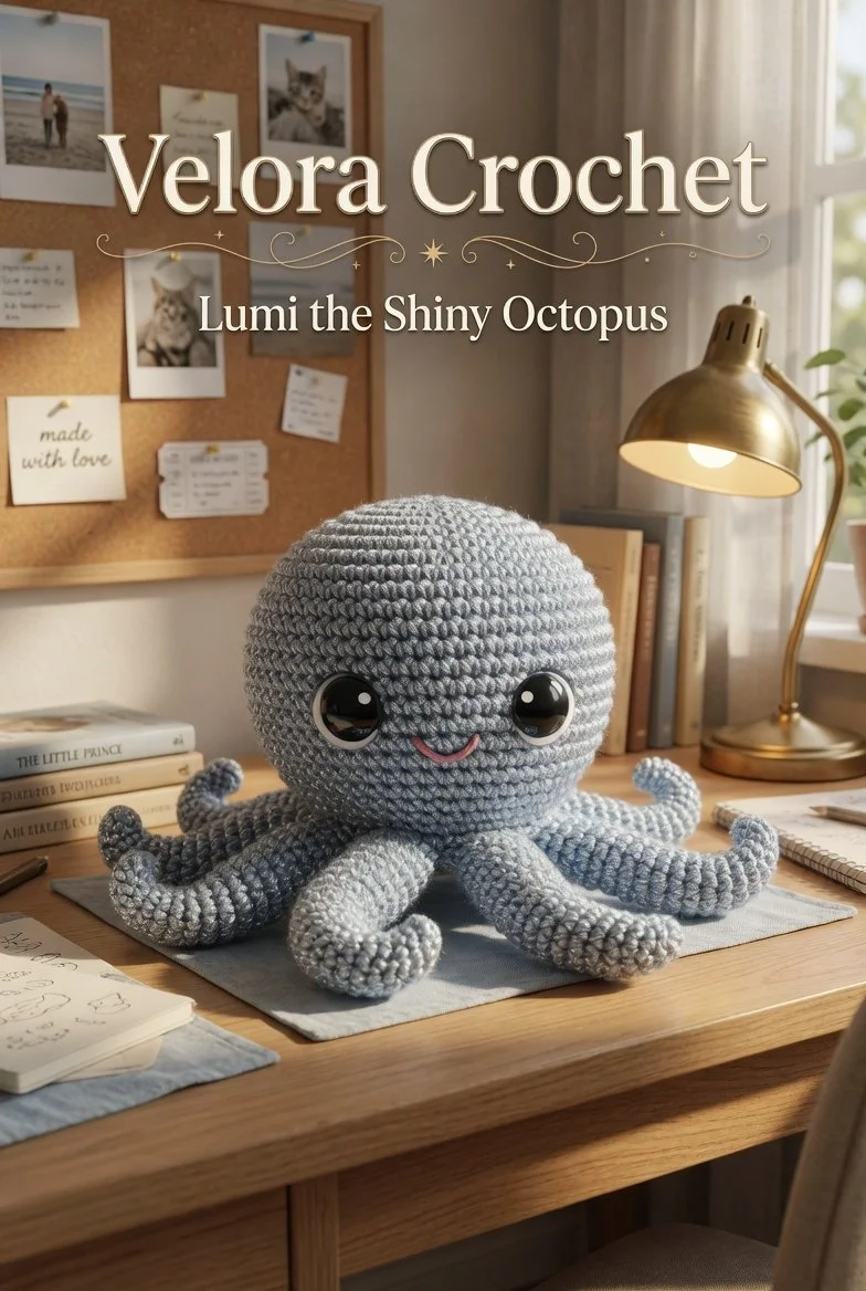 Crocheted amigurumi jellyfish named Shiny in grayish-blue yarn with spiral tentacles.