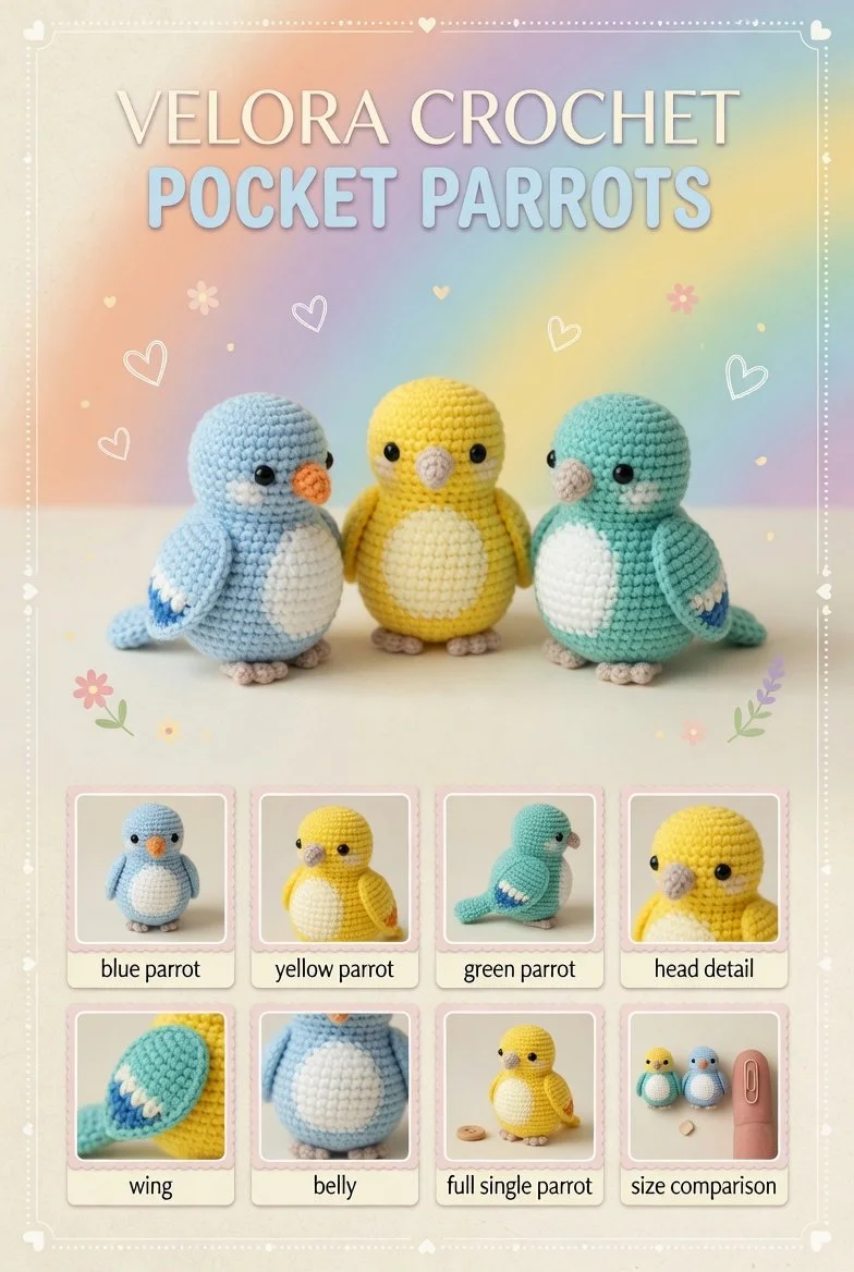 Colorful amigurumi parrots made with soft chenille yarn, perfect for cuddling.