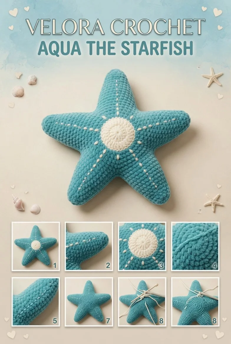 Crocheted pastel amigurumi starfish and seashells made from cotton yarn.