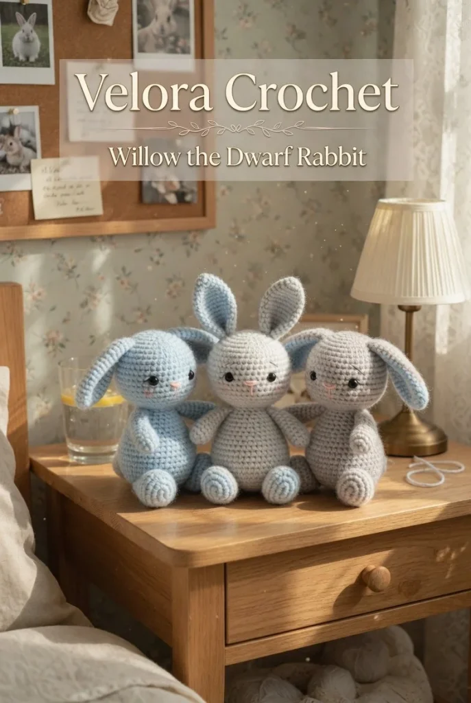 Amigurumi rabbits made from plush velvet yarn in pastel colors.