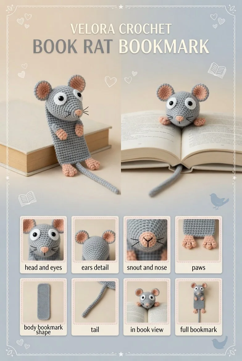 Decorative crochet bookmark with grey amigurumi rat character and a pink nose