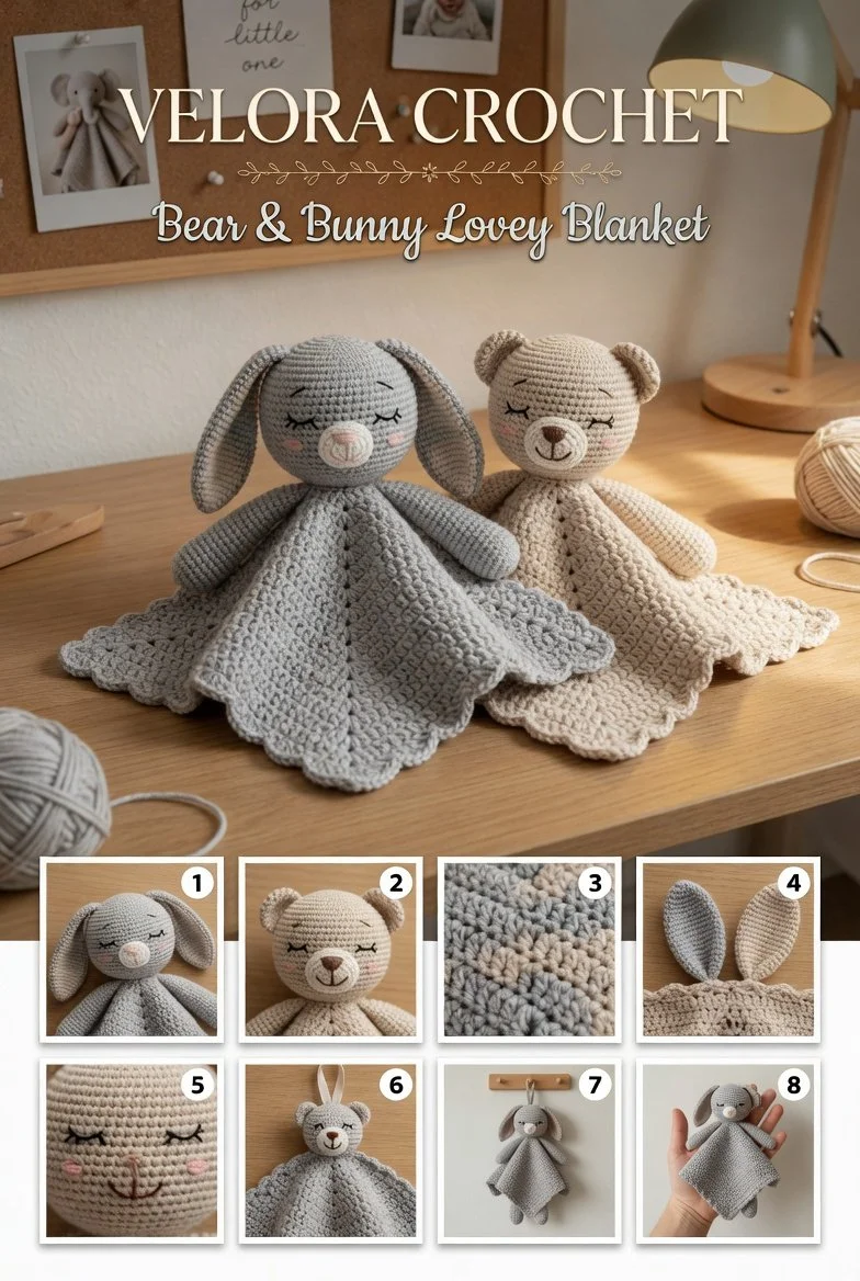 Free crochet pattern for baby lovey blankets with plush bear and bunny heads.
