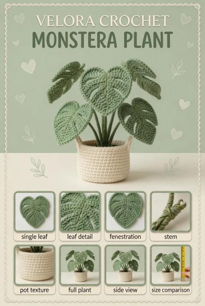 Handmade Monstera leaf crochet in sage green with textured details for indoor decor.