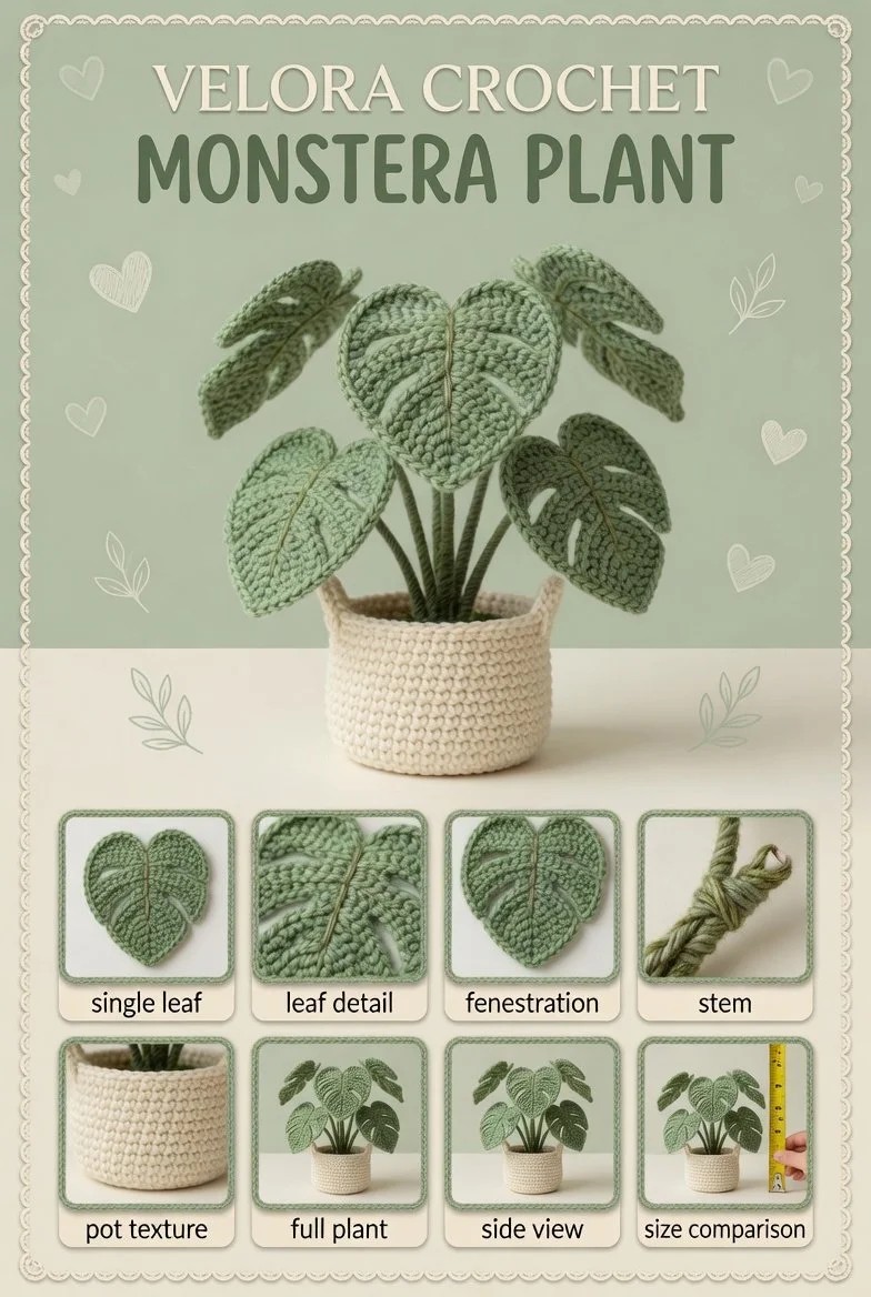 Handmade Monstera leaf crochet in sage green with textured details for indoor decor.