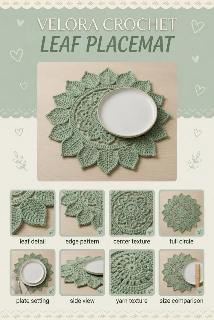 Elegant crochet placemat with sage green base and detailed leaf motifs