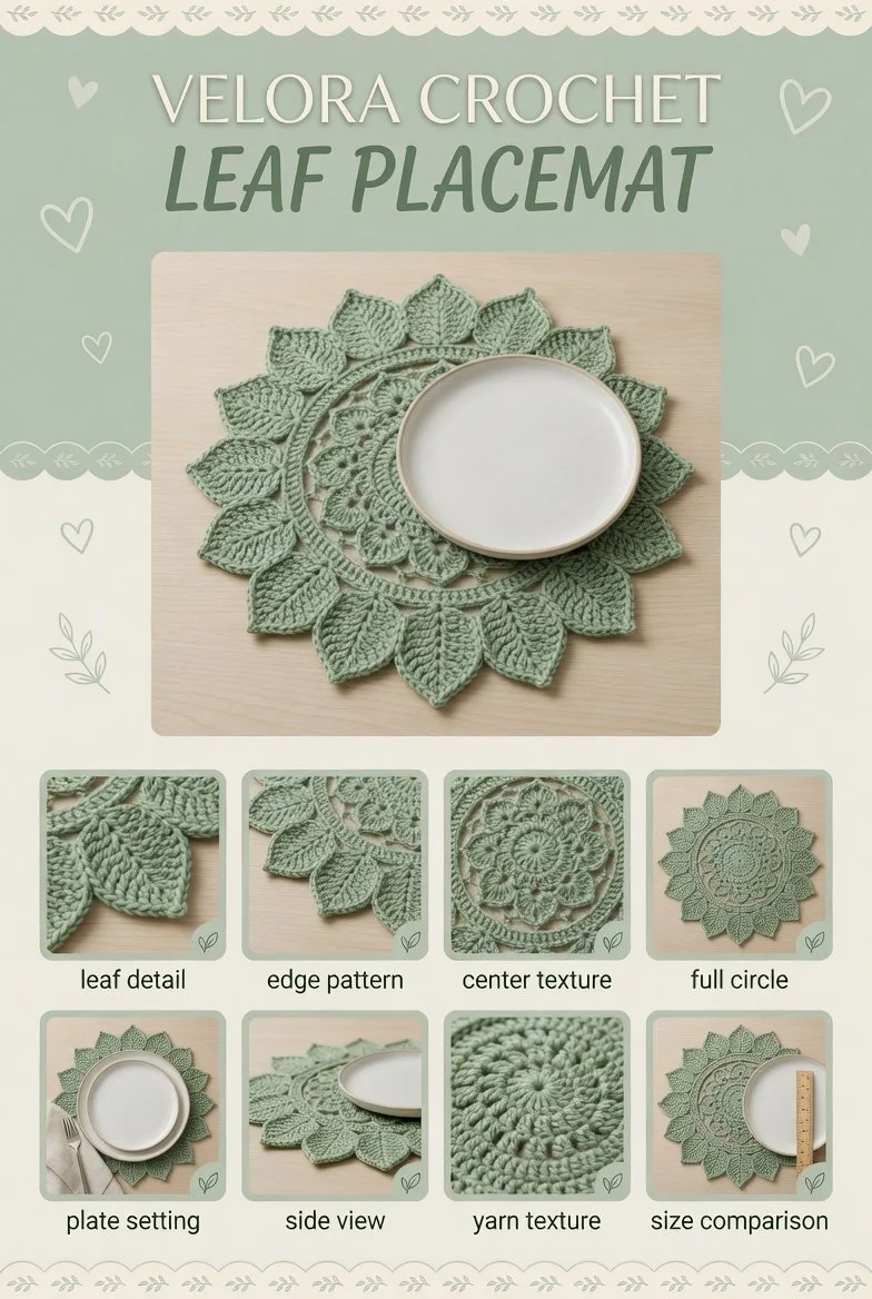Elegant crochet placemat with sage green base and detailed leaf motifs