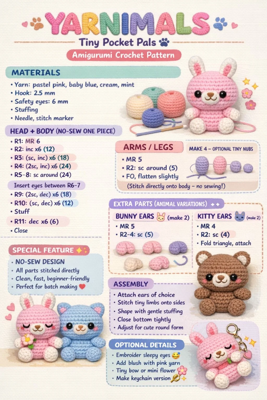 Tiny Pocket Pals amigurumi crochet pattern for beginners with no sewing required.