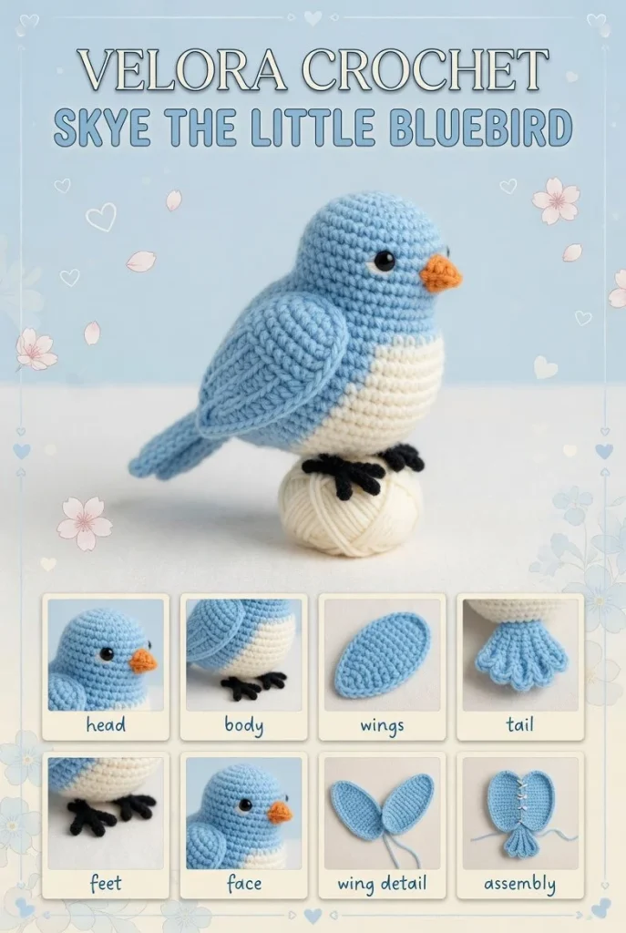Handmade amigurumi bird toys in soft pastel colors with textured details.