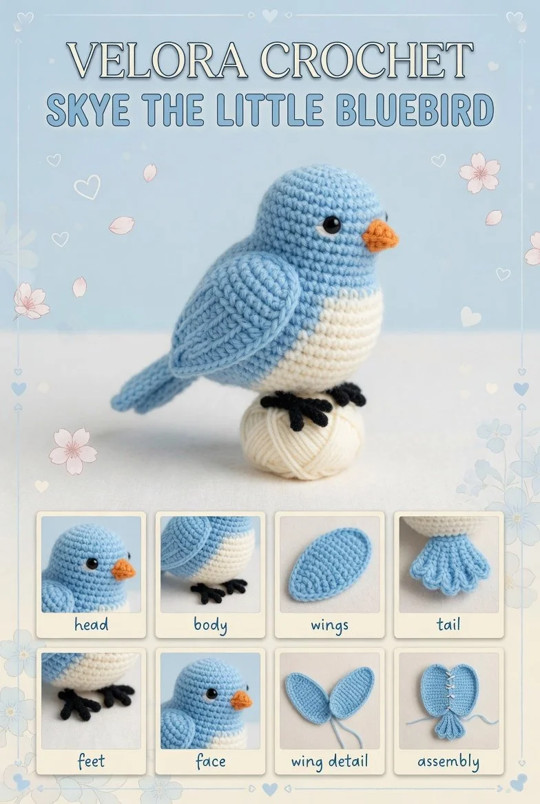 Handmade amigurumi bird toys in soft pastel colors with textured details.