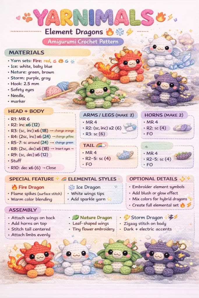 Yarnimals Element Dragons Amigurumi Crochet Pattern for beginners