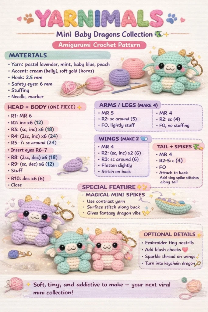 Yarnimals Mini Baby Dragons amigurumi crochet pattern for beginners