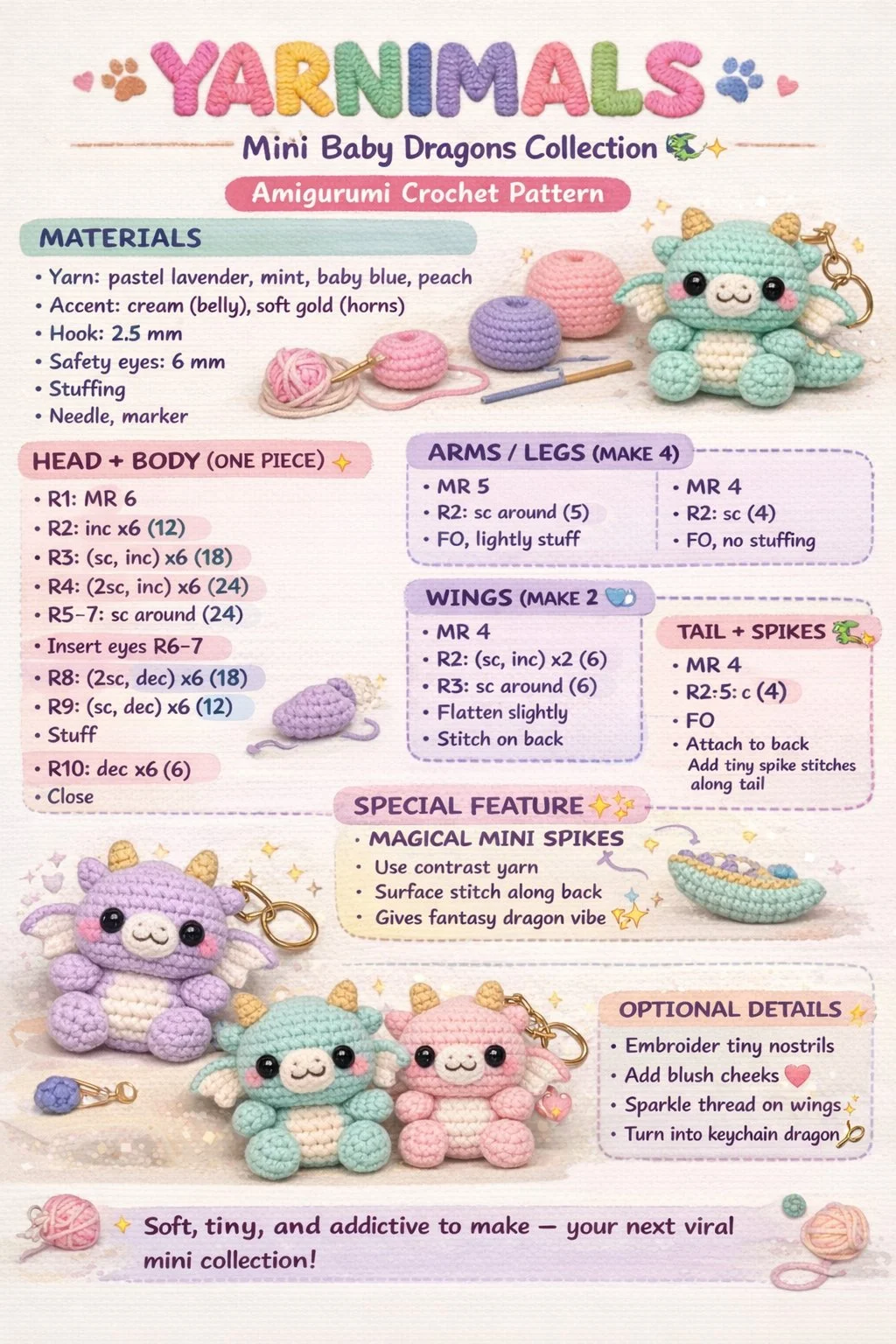 Yarnimals Mini Baby Dragons amigurumi crochet pattern for beginners
