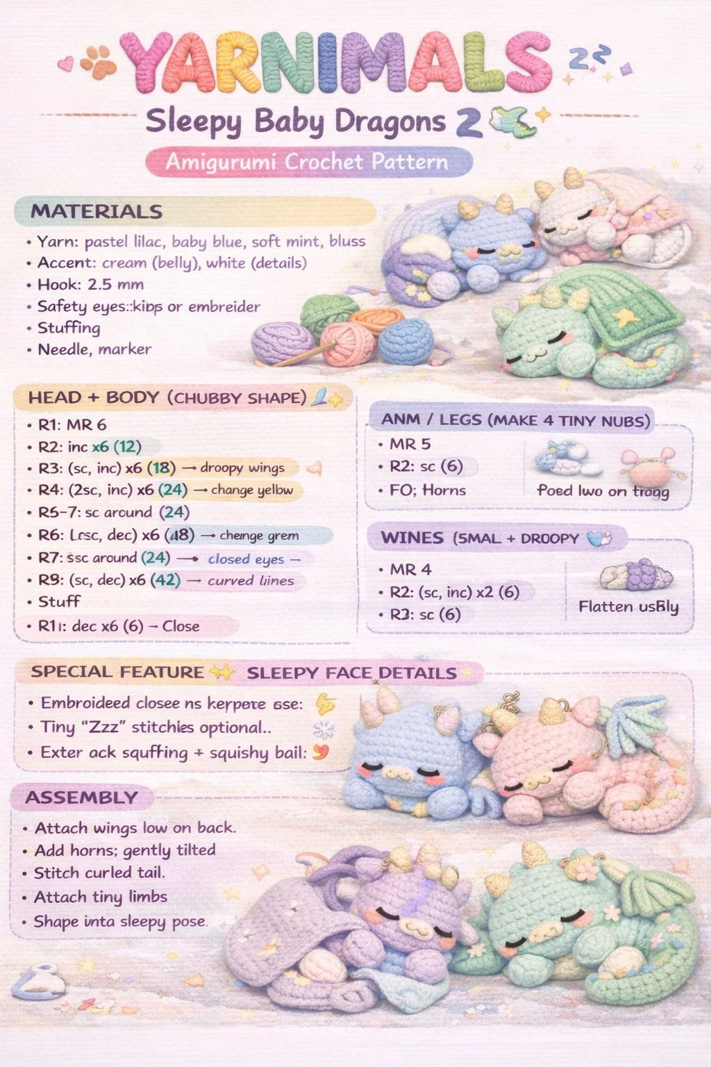Yarnimals Sleepy Baby Dragons amigurumi crochet pattern for beginners