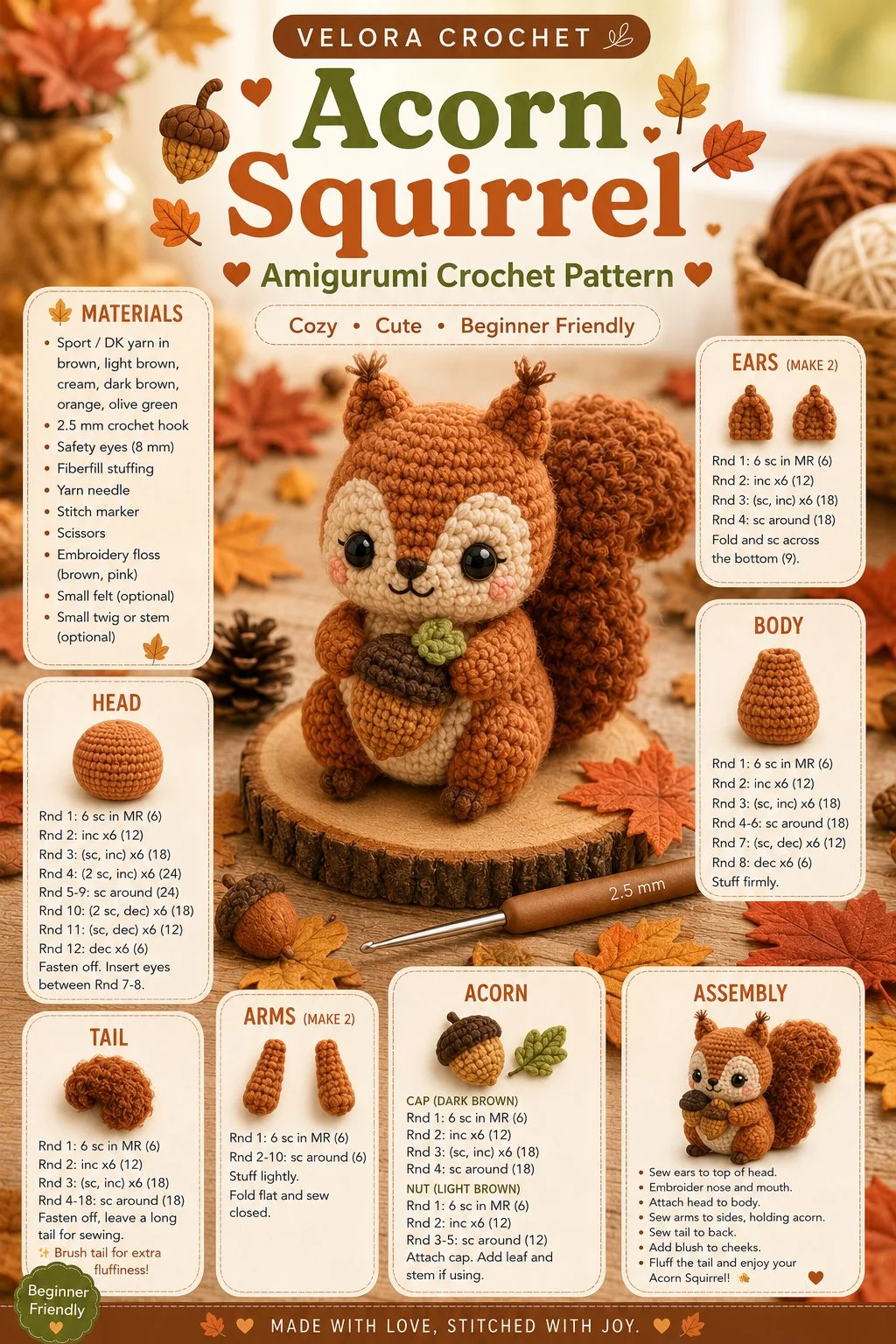 Adorable Acorn Squirrel Amigurumi crochet pattern created with yarn