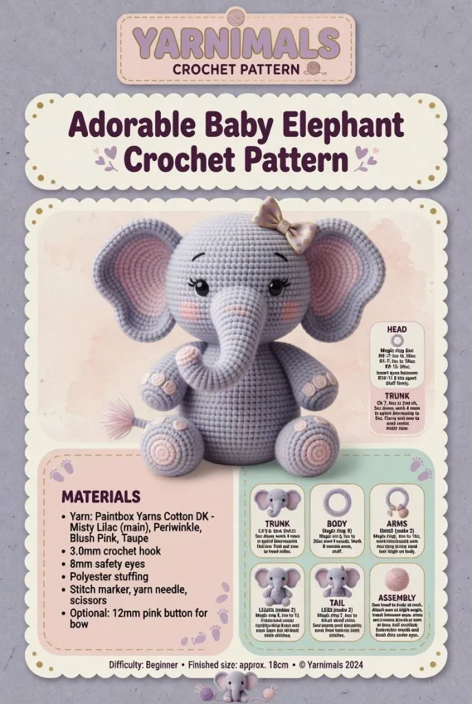 Adorable baby elephant crochet plush pattern for easy amigurumi projects.