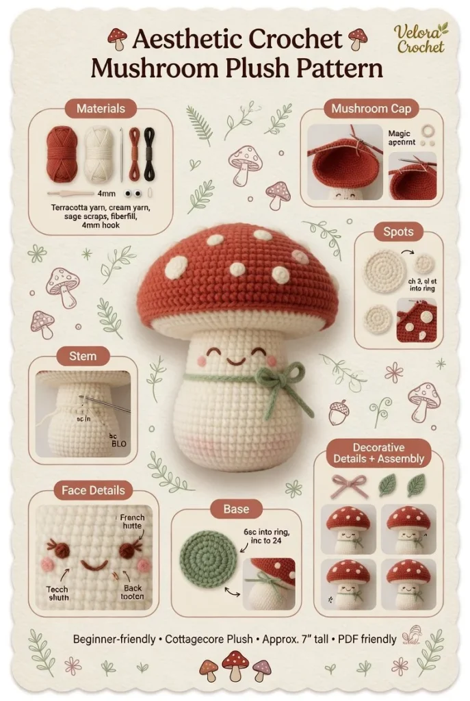 Aesthetic crochet mushroom plush pattern tutorial for beginners