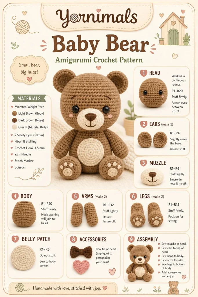 Cute Baby Bear amigurumi crochet pattern for a plush toy