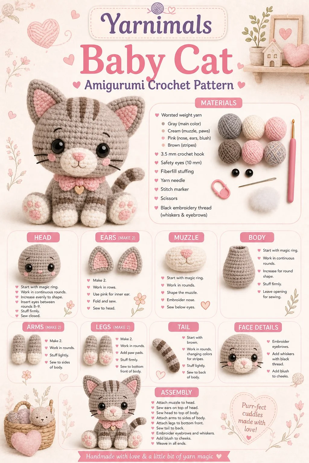 Amigurumi crochet baby cat pattern for a sweet kitten plush toy