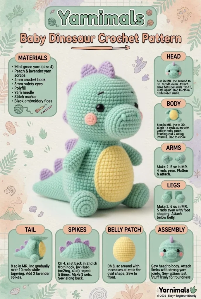 Kawaii amigurumi baby dinosaur crochet pattern plushie