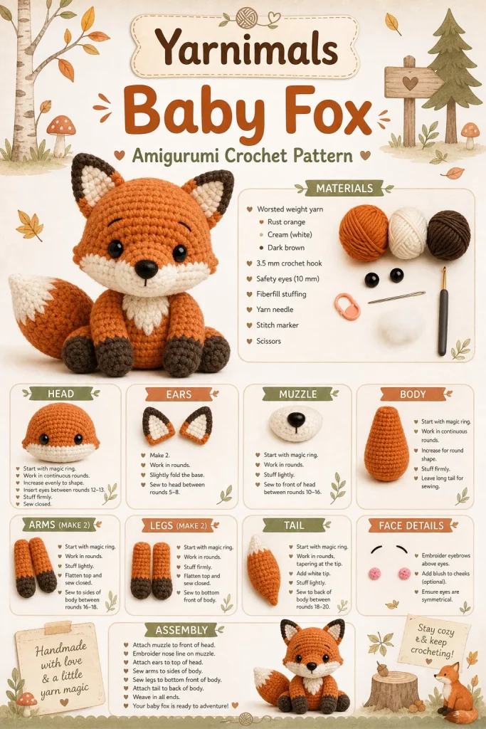 Handcrafted baby fox amigurumi crochet pattern for woodland plush toys